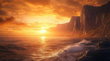 A dramatic sunset over a rugged coastline, with cliffs and waves highlighted by the golden light.の素材