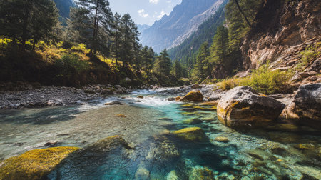 A crystal-clear stream flowing through a rocky gorge in the mountains of South Asia, surrounded by dense forest.の素材