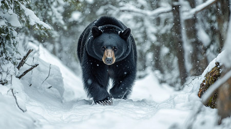 A majestic Himalayan black bear walking through a snowy forest its black fur contrasting with the white snowの素材