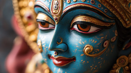 A detailed close-up of a beautifully painted idol of Goddess Durga, with vibrant colors and intricate designs.の素材