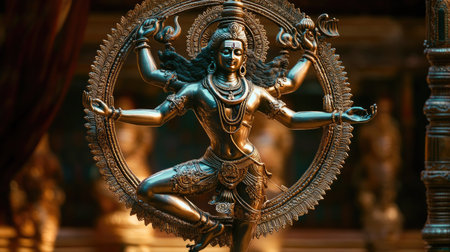 A majestic statue of Lord Shiva in his Nataraja form with intricate details illuminated by gentle lightの素材