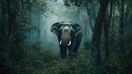 A majestic Indian elephant walking through a dense forest its massive form dwarfing the trees around itの素材