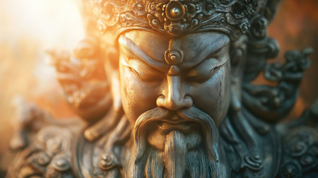 A majestic depiction of the God of Fortune with the soft light highlighting the intricate carvings and serene expressionの素材