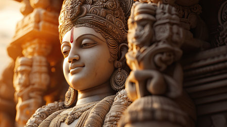 A majestic statue of Lord Brahma with the soft light highlighting the intricate carvings and serene expressionの素材