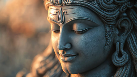 A detailed close-up of a beautifully carved statue of Lord Shiva, with soft light highlighting the intricate features.の素材