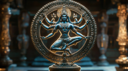 A majestic statue of Lord Shiva in his Nataraja form with intricate details illuminated by gentle lightの素材