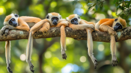 A group of langur monkeys resting on a tree branch their long tails hanging downの素材