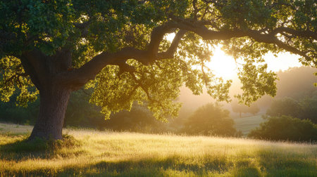 A peaceful morning with sunlight filtering through the leaves of a tall oak tree creating a warm inviting atmosphereの素材