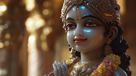A peaceful image of Lord Krishna as a child with soft light illuminating the intricate details of the statueの素材