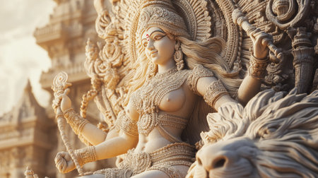 A majestic statue of Goddess Durga riding a lion with intricate details illuminated by gentle lightの素材