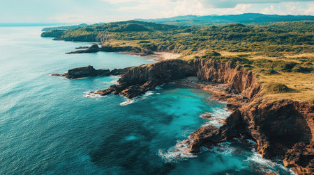 A panoramic aerial view of a South Asian coastal region, with rocky cliffs and blue waters stretching into the distanceの素材