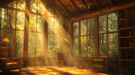 A peaceful morning with sunlight streaming through the windows of a cozy cabin, illuminating the roomの素材