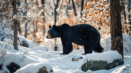 A majestic Himalayan black bear walking through a snowy forest its black fur contrasting with the white snowの素材