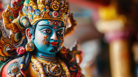 A detailed close-up of a beautifully painted idol of the God of Fortune, with vibrant colors and intricate designs.の素材