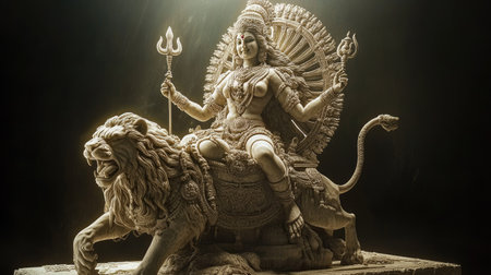 A majestic statue of Goddess Durga riding a lion with intricate details illuminated by gentle lightの素材