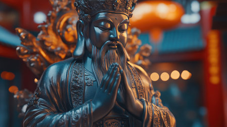 A peaceful image of the God of Fortune in a blessing pose with soft light illuminating the intricate details of the statueの素材