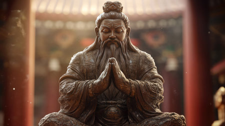 A peaceful image of the God of Fortune in a blessing pose with soft light illuminating the intricate details of the statueの素材