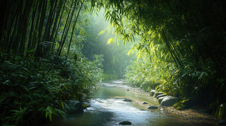 A peaceful stream flowing through a dense bamboo forest in South Asia with soft light filtering through the leavesの素材