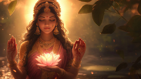 A serene depiction of Goddess Lakshmi holding a lotus, with soft light enhancing the intricate details.の素材