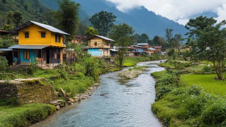 A picturesque stream winding through a South Asian village, with traditional houses lining the banks.の素材