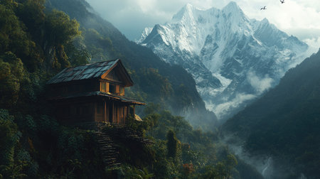 A remote house in a South Asian mountain range, surrounded by dense forest and towering peaks.の素材