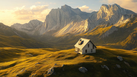 A picturesque house standing alone in a vast mountain landscape, with the peaks bathed in golden lightの素材