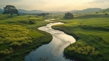 A picturesque stream meandering through a South Asian countryside, with rolling hills and green fields on either side.の素材