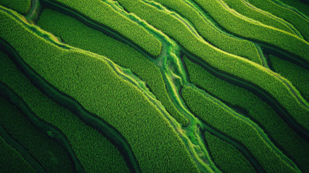 A picturesque top view of a South Asian rice paddy field, with vibrant green rice plants arranged in neat rows.の素材