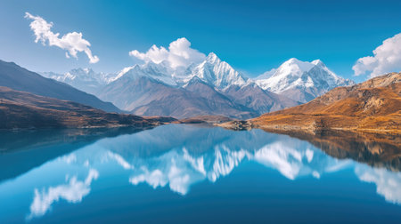 A serene aerial view of a South Asian mountain lake, with snow capped peaks reflected in the still waters.の素材