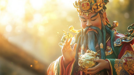 A serene depiction of the God of Fortune holding a wealth symbol, with vibrant colors and soft sunlight.の素材