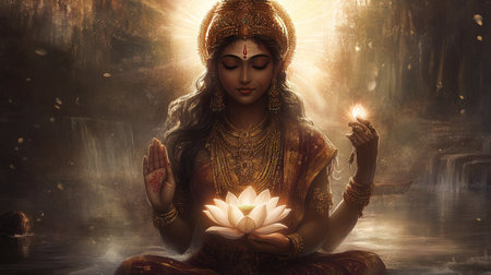 A serene depiction of Goddess Lakshmi holding a lotus, with soft light enhancing the intricate details.の素材