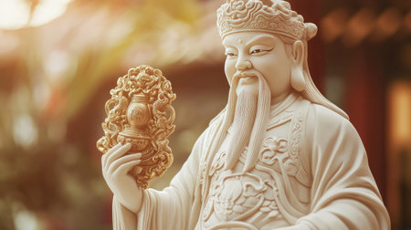 A serene image of the God of Fortune holding a wealth symbol, with soft light illuminating the intricate details of the statue.の素材
