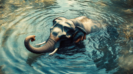 An Asian elephant bathing in a river, its massive form creating ripples in the clear water.の素材