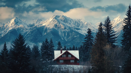 A solitary house standing at the edge of a forest, with snow-capped mountains in the background.の素材