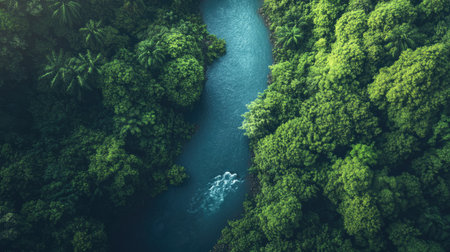 A serene top view of a South Asian river flowing through a dense jungle, with vibrant green foliage creating a lush landscape.の素材