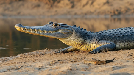 A striking image of a gharial crocodile sunbathing on a riverbank, its long snout resting on the sandy shore.の素材