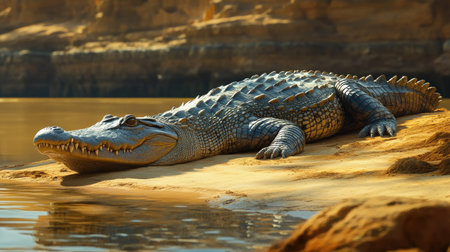 A striking image of a gharial crocodile sunbathing on a riverbank, its long snout resting on the sandy shore.の素材