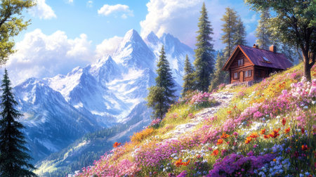 A tranquil mountain scene with a house perched on a hillside, surrounded by colorful flowers and tall trees.の素材