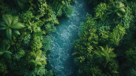 A serene top view of a South Asian river flowing through a dense jungle, with vibrant green foliage creating a lush landscape.の素材
