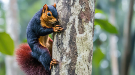 A striking image of a Malabar giant squirrel clinging to a tree trunk, its bushy tail curling around the bark.の素材