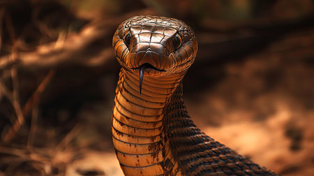 An Indian cobra rearing up in a defensive posture, its hood flared against a blurred background.の素材