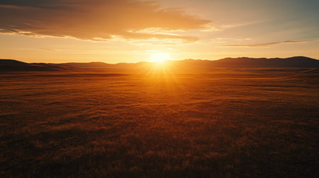 Sunset casting long shadows across a vast open plain, with a warm, golden hue dominating the scene.の素材