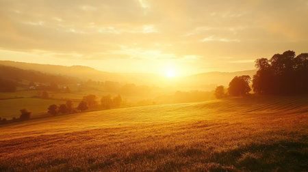 Morning sunlight over a rolling countryside, with the warm light casting a golden glow over the fields.の素材