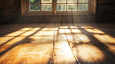 Warm rays of morning sunlight shining through a window, casting shadows on a rustic wooden floor.の素材