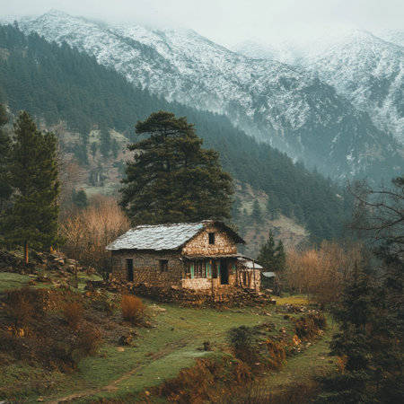 View of a House in the Middle of South Asian Mountains (No People, Copy Space)の素材