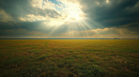 Morning sunlight breaking through clouds over a vast open field, with long shadows cast by the early light.の素材