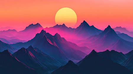 Sunset behind mountain peaks, with the sky transitioning from day to night in brilliant colors.の素材