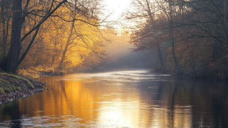 Soft morning light over a quiet river, with the water reflecting the golden hues of the dawn.の素材