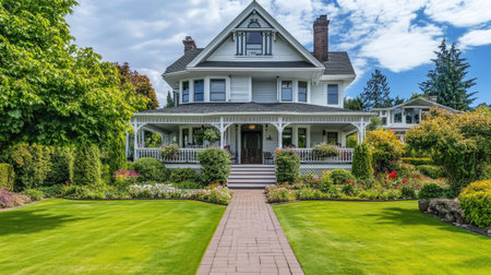 A beautiful mansion with a wraparound porch and lush landscaping, ideal for luxury home promotions.の素材