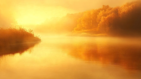Soft morning light over a quiet river, with the water reflecting the golden hues of the dawn.の素材